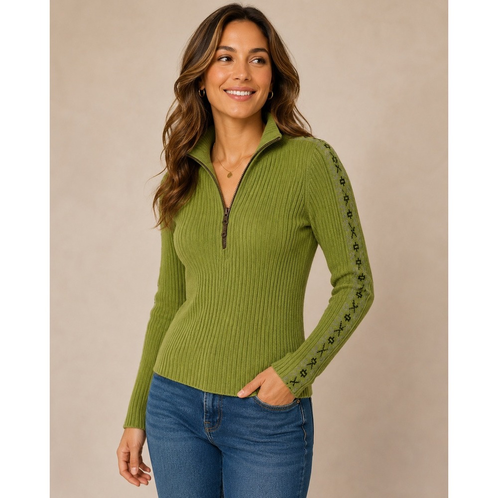 RuffHewn Womens Green Ribbed Quarter Zip Cotton Sweater Small Geometric Sleeves